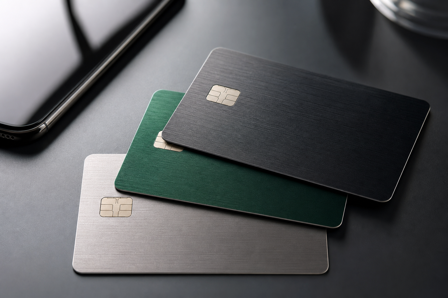 Tarjetas de credito premium sin marca sobre escritorio ejecutivo